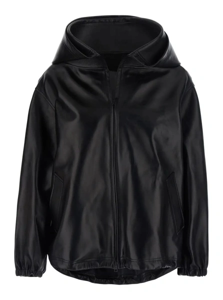 Jacheta Black Jacket with hood and Dropped shoulders in leather for women