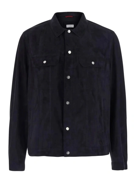 Jacheta Blue Jacket with classic collar and front pockets in suede for men