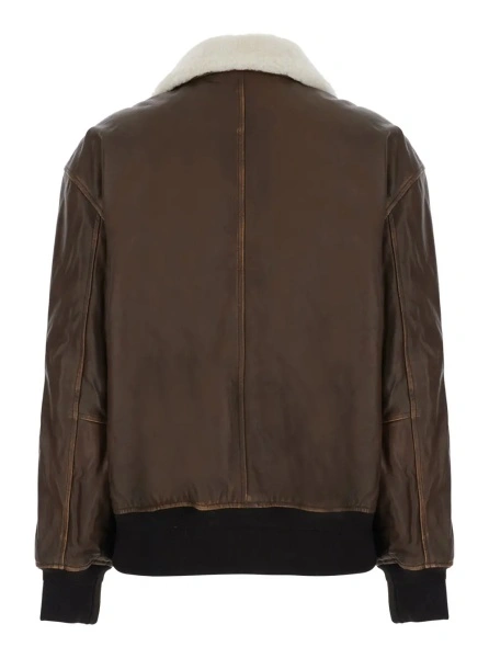 Jacheta Brown jacket with shearling-collar and distressed effect in leather for women