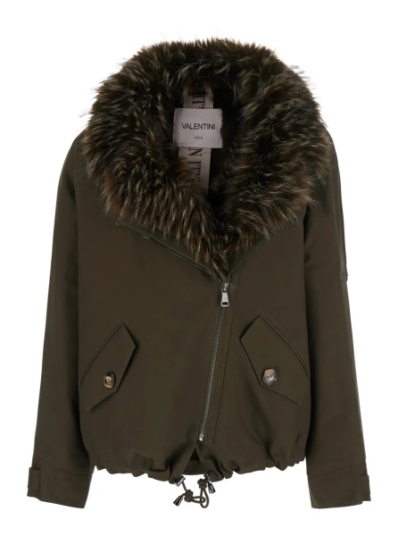 Jacheta Green Jacket with wide fur collar and off-center zip closure on the front in cotton for women