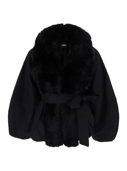 Jacheta ROTATE Men's Jacket with Faux Fur Collar and Black Tech Fabric