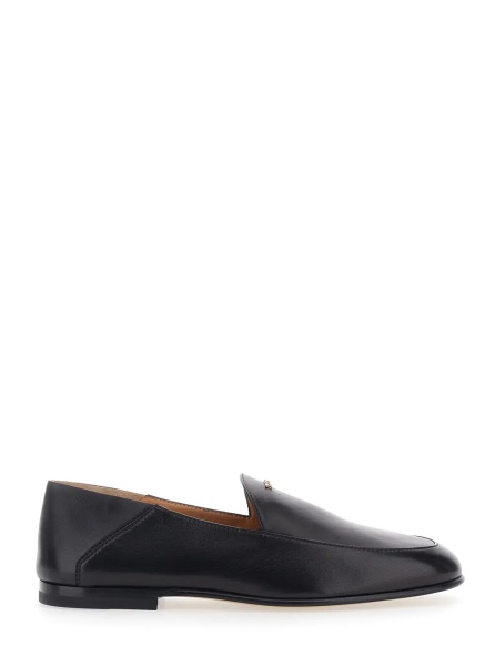 Mocasini Black Loafers with logo lettering plate on the front in smooth leather for women