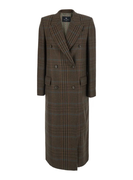 Paltoane Brown Double-Breasted Coat with Peak Revers and Check Motif in Wool for Women