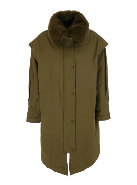 Paltoane Green Coat with fur collar and button closure on the front in blend cotton for women