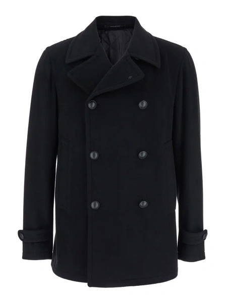 Palton Black Coat with Button Closure and Welt Pockets in Wool