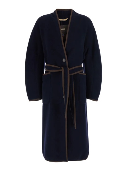 Palton blue Coat with embroidery on the back and waist belt in fabric for women