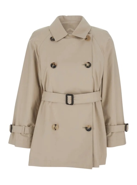 Palton 'Calle' Beige Double-Breasted Short Trench Coat with Classic Collar and Front Belt Closure in Cotton Blend Woman
