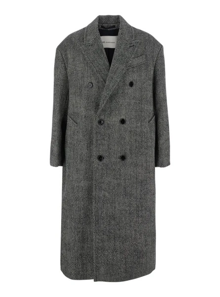 Palton Grey Long double-breasted coat with Peak revers and all-over herringbone Motif in wool Blend man