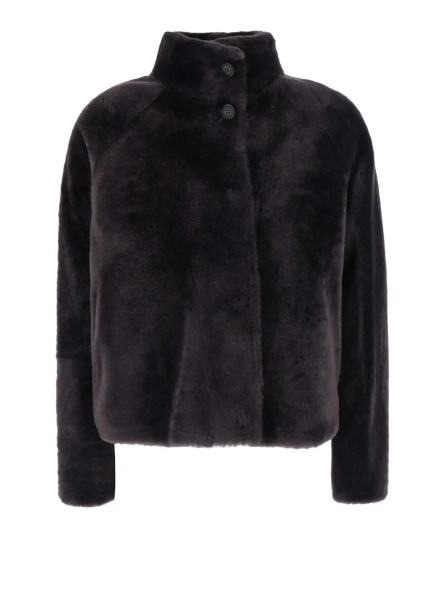 Palton Grey shearling coat with high collar with buttons in fur for women