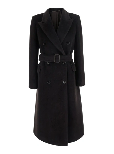 Palton 'Jole' brown Double-breasted coat with Peak revers and waist belt in wool for women