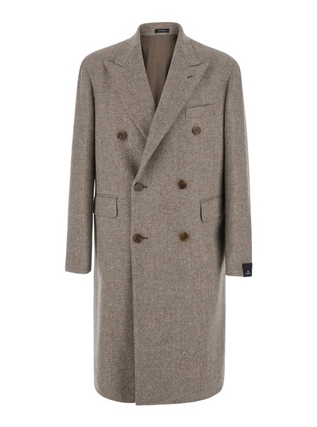 Palton 'London'Beige Double-breasted Coat with Peak Revers in Wool and Cashmere for Men