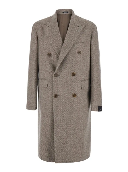 Palton 'London'Beige Double-breasted Coat with Peak Revers in Wool and Cashmere for Men