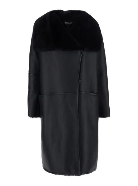 Palton TOTÊME Black Coat with removable fur collar and button closure on the front in leather for women