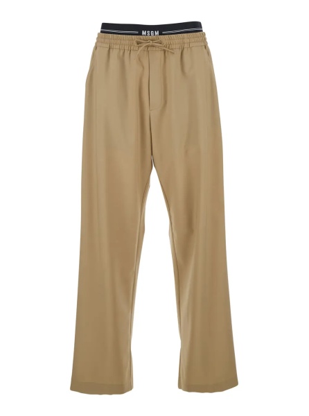 Pantaloni Beige Pants with Elastic Drawstring Waist in Wool Stretch Man