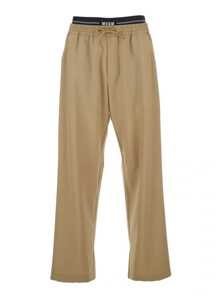 Pantaloni Beige Pants with Elastic Drawstring Waist in Wool Stretch Man