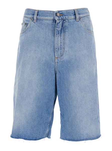 Pantaloni Blue Five-pocket Bermuda with metallic logo patch on the back in denim for men