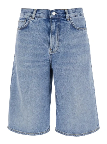 Pantaloni TOTÊME Light Blue Knee-Length Shorts with Logo Patch on the Back and Faded Effect in Denim for Women
