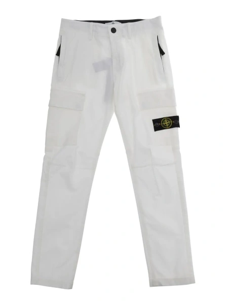 Pantaloni White Pants with Logo Patch on the Front and Two Flap Pockets in Stretch Cotton for Kids