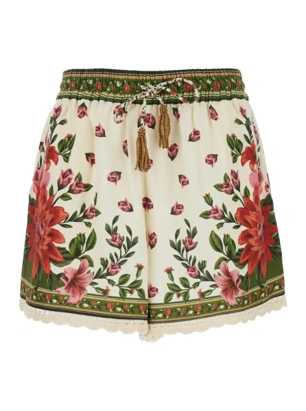 Pantaloni 'Wonder' Multicolor Shorts with Drawstring Elastic Waist and All-Over Floral Print in Linen Blend Woman