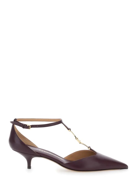 Pantofi Bordeaux Pumps with T Strap and Low Heel in Leather Woman