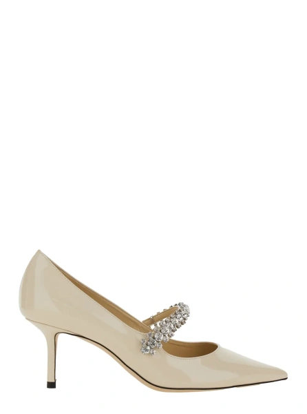 Pantofi Pumps 'Bing' with Crystal Decoration and High Cone Heel in White Glossy Leather for Women