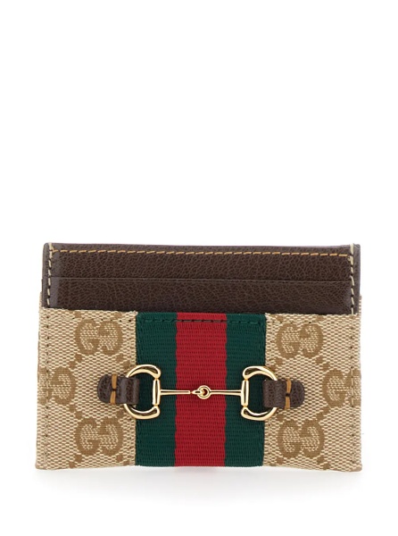 Portofele beige Card holder with metallic Horsebit and Web Stripe in fabric for women