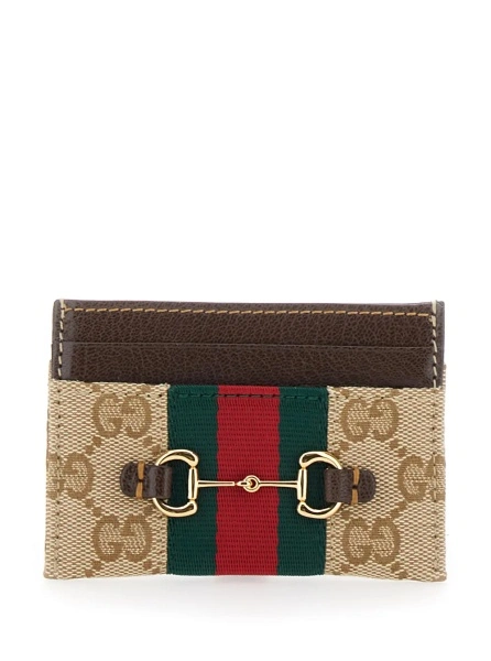 Portofele beige Card holder with metallic Horsebit and Web Stripe in fabric for women