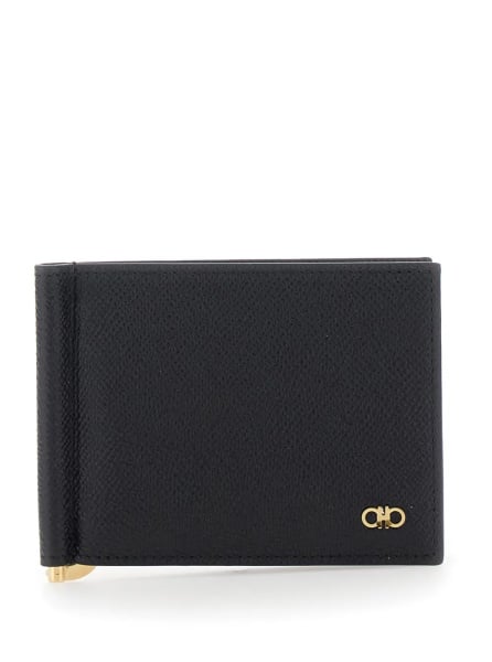 Portofele black Wallet with clip and Gancini plaque on the front in leather for men