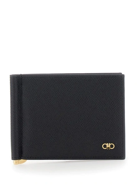 Portofele black Wallet with clip and Gancini plaque on the front in leather for men
