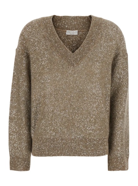 Pulover Beige V-Neck Sweater with knit design in blend wool for women
