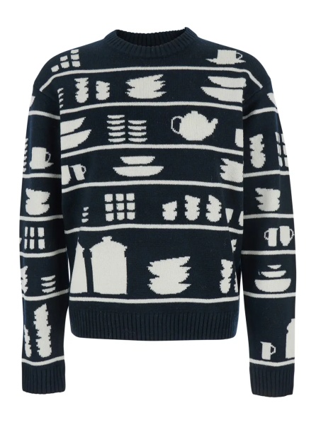 Pulover Black and White Crewneck Sweater with Tableware Motif in Wool Man