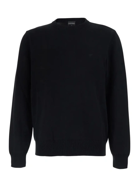 Pulover Black Crew Neck Sweater with Knit Design in Cotton for Men