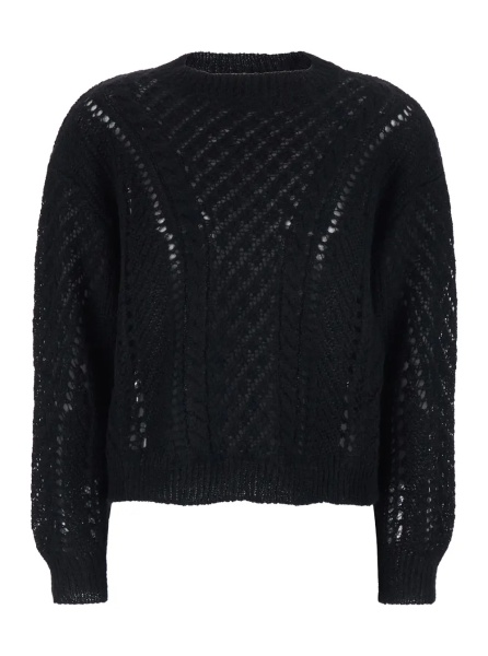 Pulover Black Crewneck Sweater with Logo Plaque on the Rear and Perforated Design in Wool Woman