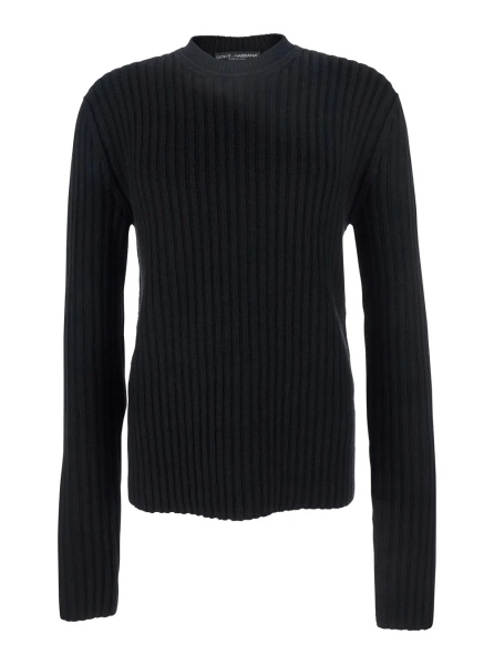 Pulover Black Ribbed Knit Crewneck Sweater with Logo Patch on the Rear in Wool Man