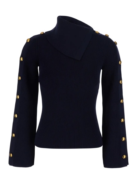 Pulover Black Sweater with asymmetrical high collar and jewel buttons on the sleeves in Blend viscose for women