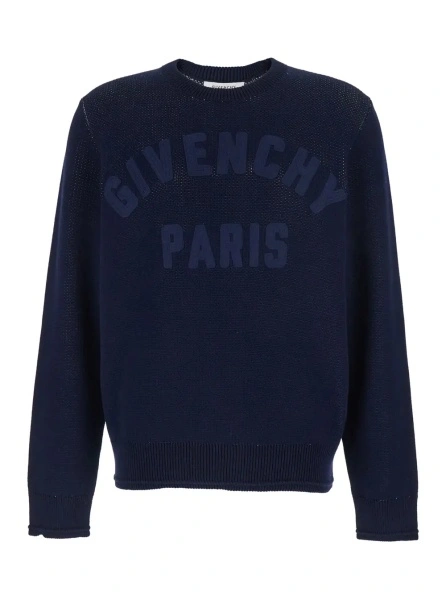 Pulover Blue Crew Neck Sweater with Logo Lettering on the Front in Cotton for Men