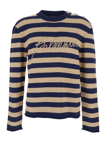 Pulover Blue Crewneck Sweater with Logo Lettering on the Front and All-Over Striped Motif in Wool Woman