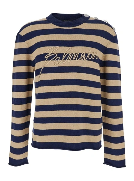 Pulover Blue Crewneck Sweater with Logo Lettering on the Front and All-Over Striped Motif in Wool Woman
