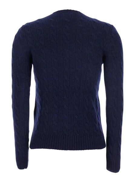 Pulover Blue Crewneck Sweater with Pony Embroidery on the Front and Cable Knit in Wool and Cashmere for Women