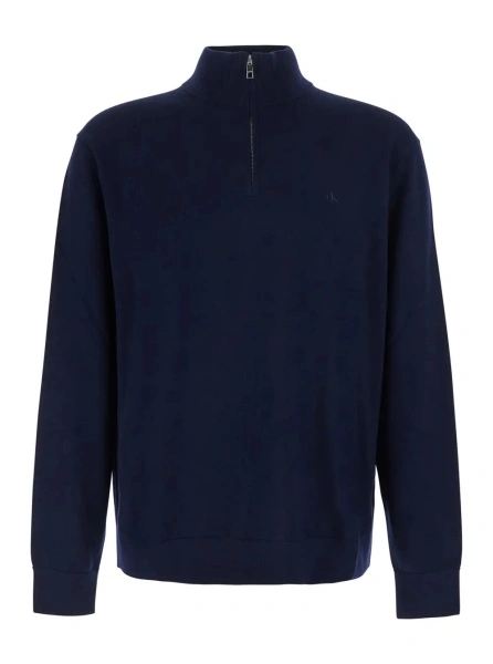 Pulover Blue Sweater with half zip closure and high collar in wool for men
