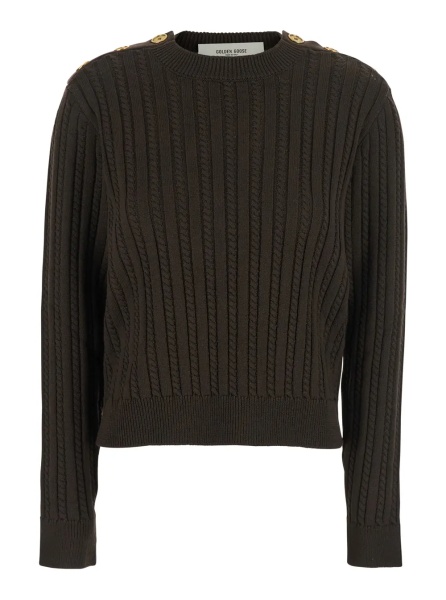 Pulover Brown Crewneck Sweater with Interwoven Design in Wool Woman
