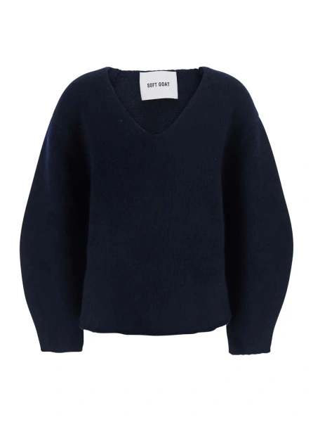 Pulover Cashmere Puff Sleeves V Neck Sweater in Blue for Women