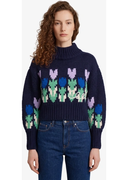 Pulover Cropped Wool Knit Sweater With Logo And Turtleneck