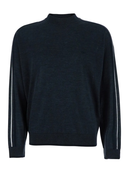 Pulover Dark Grey Crewneck Sweater with Stripe Detail on the Sleeve in Wool Man