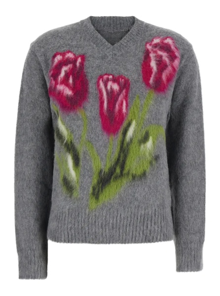 Pulover Gray Sweater with floral print and brushed effect in blend wool for women