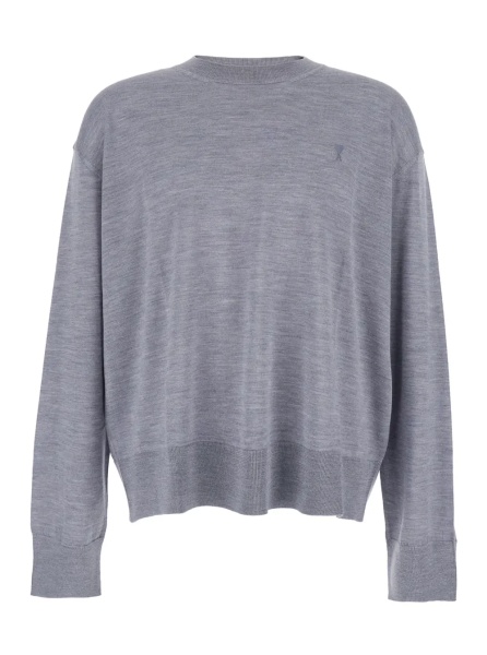 Pulover Grey Crew Neck Sweater with Embroidered Logo on the Front in Wool Man