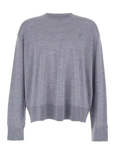 Pulover Grey Crew Neck Sweater with Embroidered Logo on the Front in Wool Man