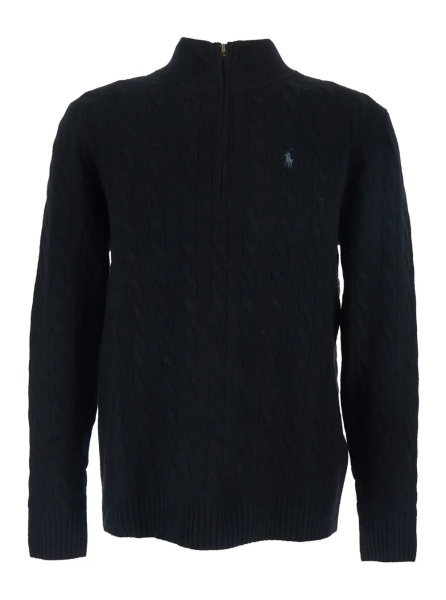 Pulover High Neck Sweater with Pony Embroidery on the Front and Half Zip Closure in Black Wool and Cashmere for Men