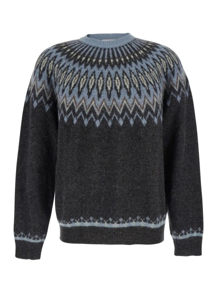 Pulover Multicolor Crewneck Sweater with Jacquard Motif in Alpaca and Wool for Men