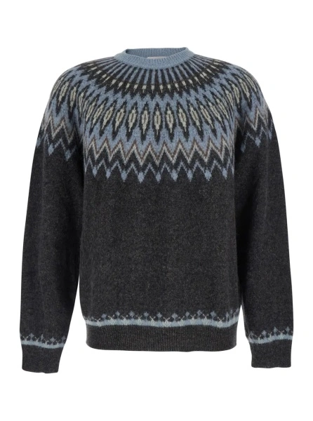 Pulover Multicolor Crewneck Sweater with Jacquard Motif in Alpaca and Wool for Men